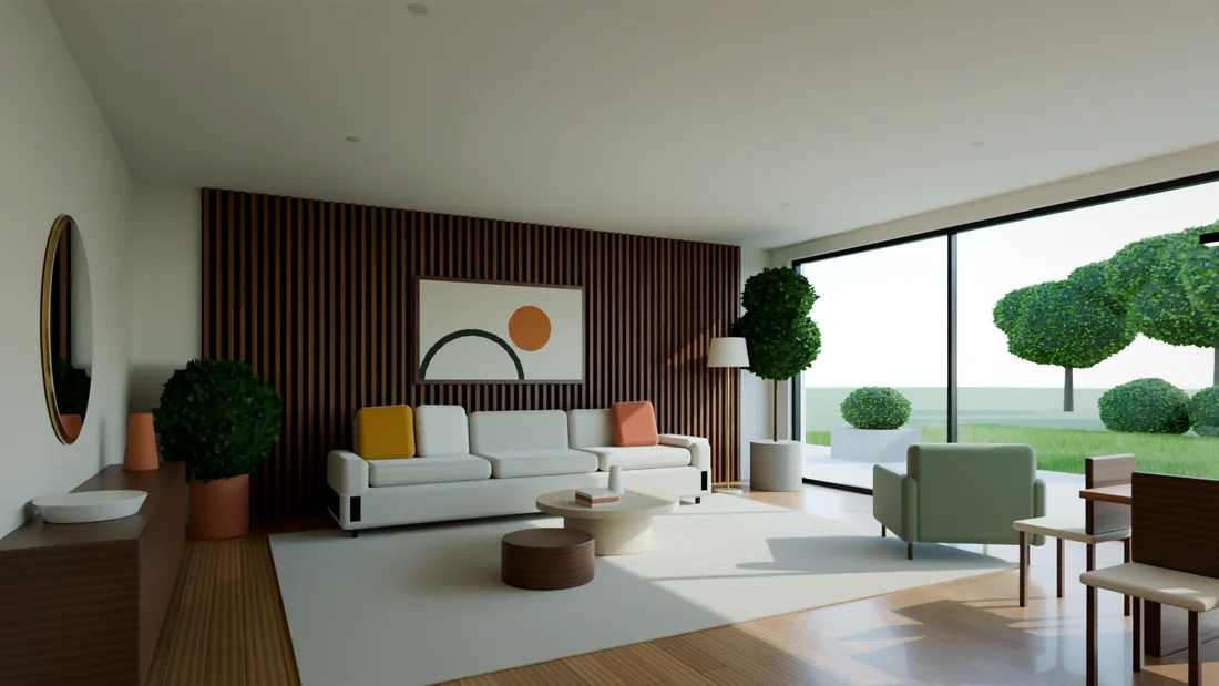 Ahşap lamel duvarlı aydınlık salon iç mekân renderı