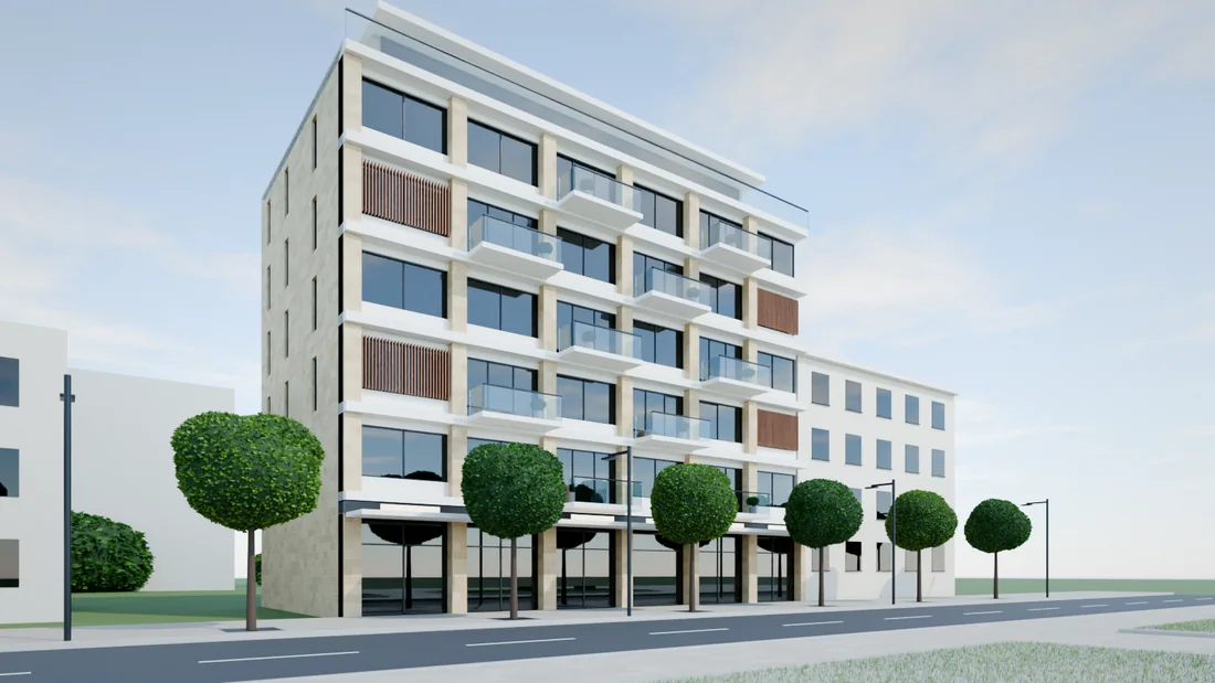 Altı katlı konut binası cadde cephesi renderı