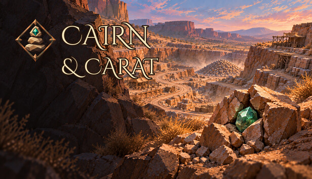 Cairn & Carat oyun kapağı; çöldeki dev taş yığını ve zümrüt