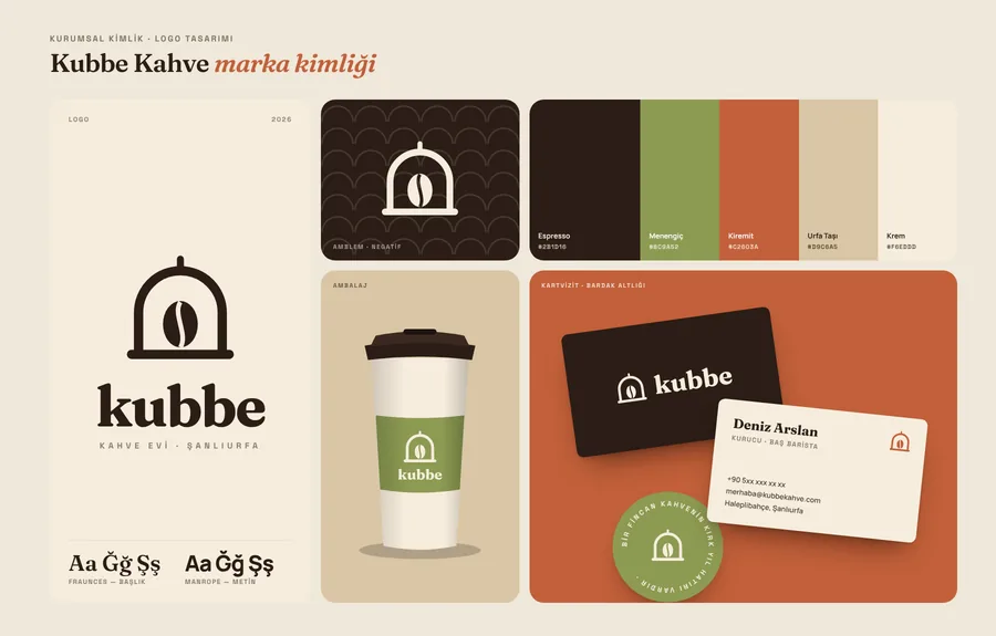 Kubbe Kahve logo, renk paleti, bardak ve kartvizit tasarımları