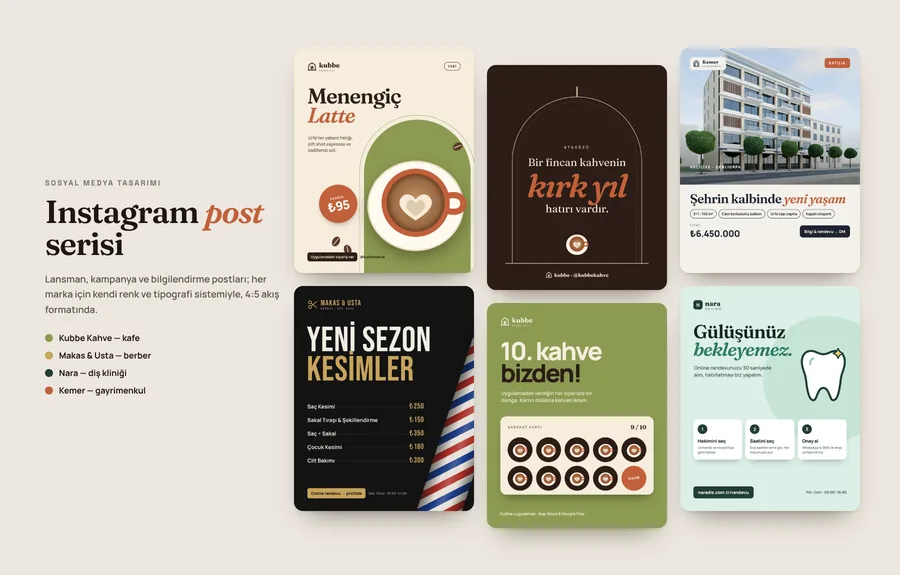 Kafe, berber, diş kliniği ve emlak için sosyal medya post tasarımları