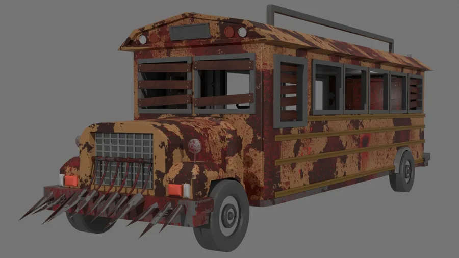 Dikenli tamponlu, tahta kaplı pencereli zombi okul otobüsü 3D modeli